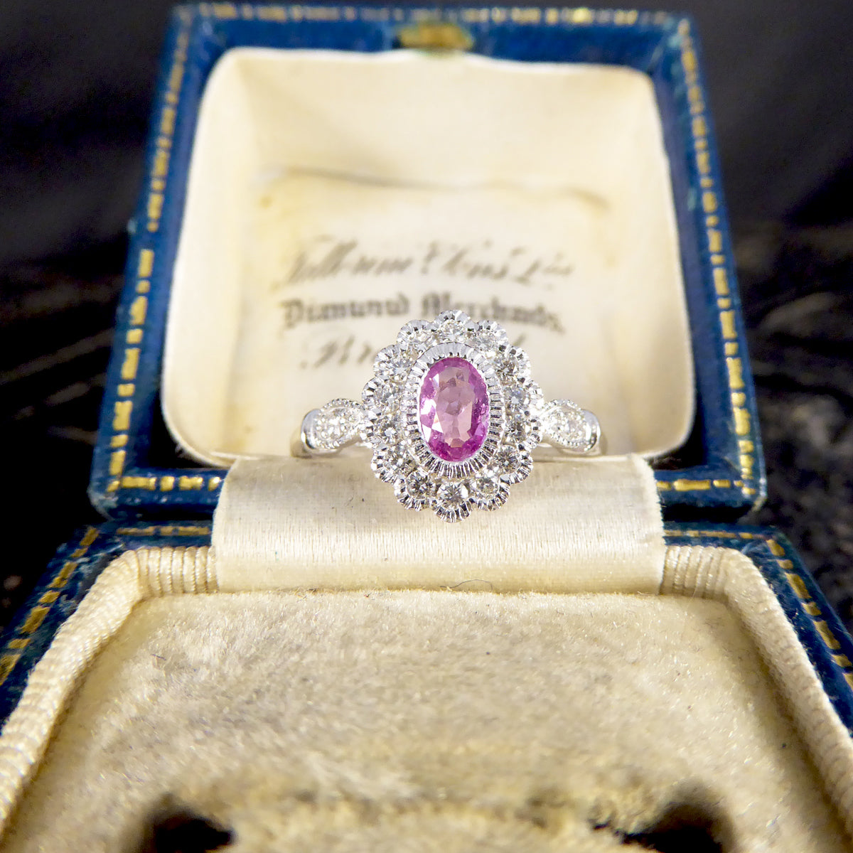 INSTAGRAM GIVEAWAY Pink Sapphire and Diamond Cluster Ring Mounted in Platinum - Wharfedale Antiques