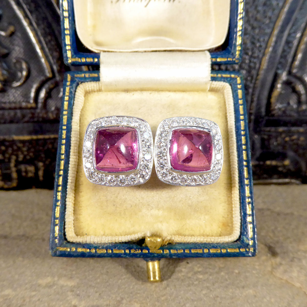 5.78ct Sugarloaf Cut Pink Tourmaline and Diamond Halo Cluster Stud Earrings in 18ct White Gold - Wharfedale Antiques