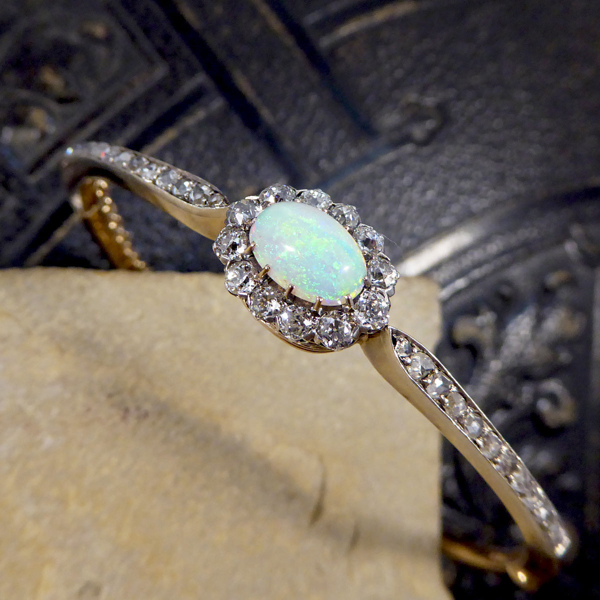 Late Victorian Opal and Diamond Cluster Bangle in 14ct Yellow Gold and Silver