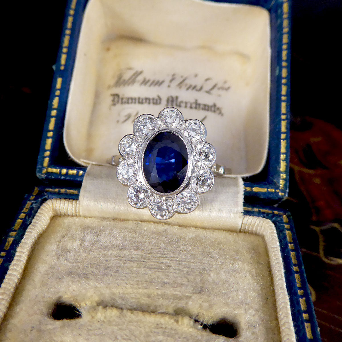 2.07ct Sapphire and 0.95ct Total Diamond Cluster Ring in Platinum - Wharfedale Antiques