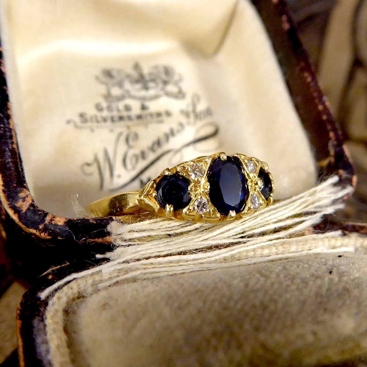 Antique Sapphire and Diamond Boat Ring in 18ct Yellow Gold - Wharfedale Antiques