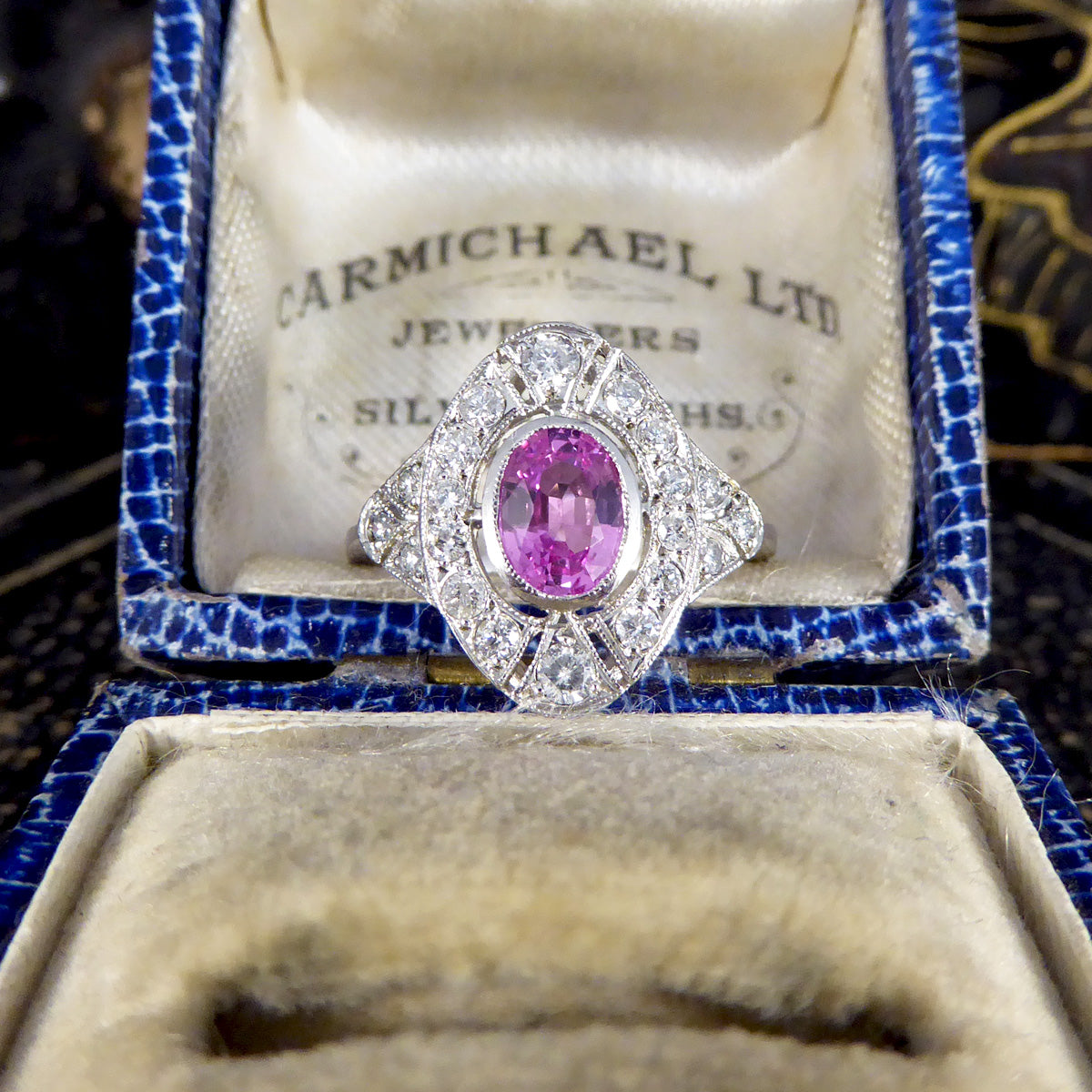 Art Deco Style Pink Sapphire and Diamond Navette Shaped Plaque Ring in Platinum - Wharfedale Antiques