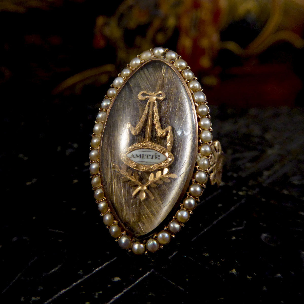Antique Georgian Amitie Marquise Shaped Seed Pearl Memorial Ring with Platted Hair in Gold - Wharfedale Antiques