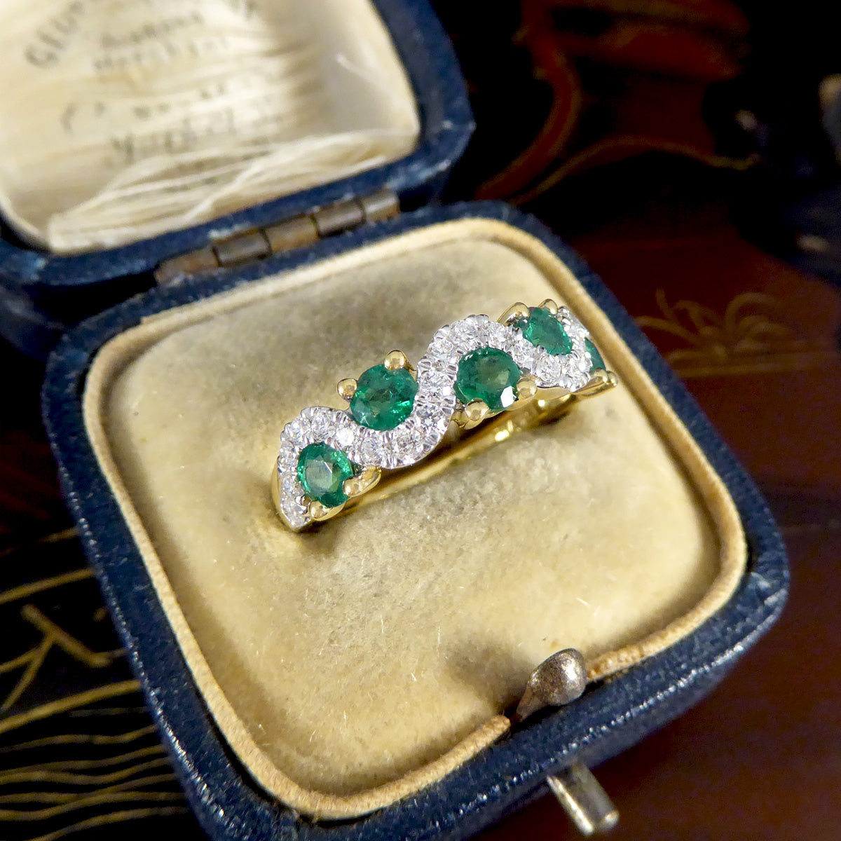 Emerald and Diamond Lazy River Band Ring in 18ct Yellow Gold - Wharfedale Antiques