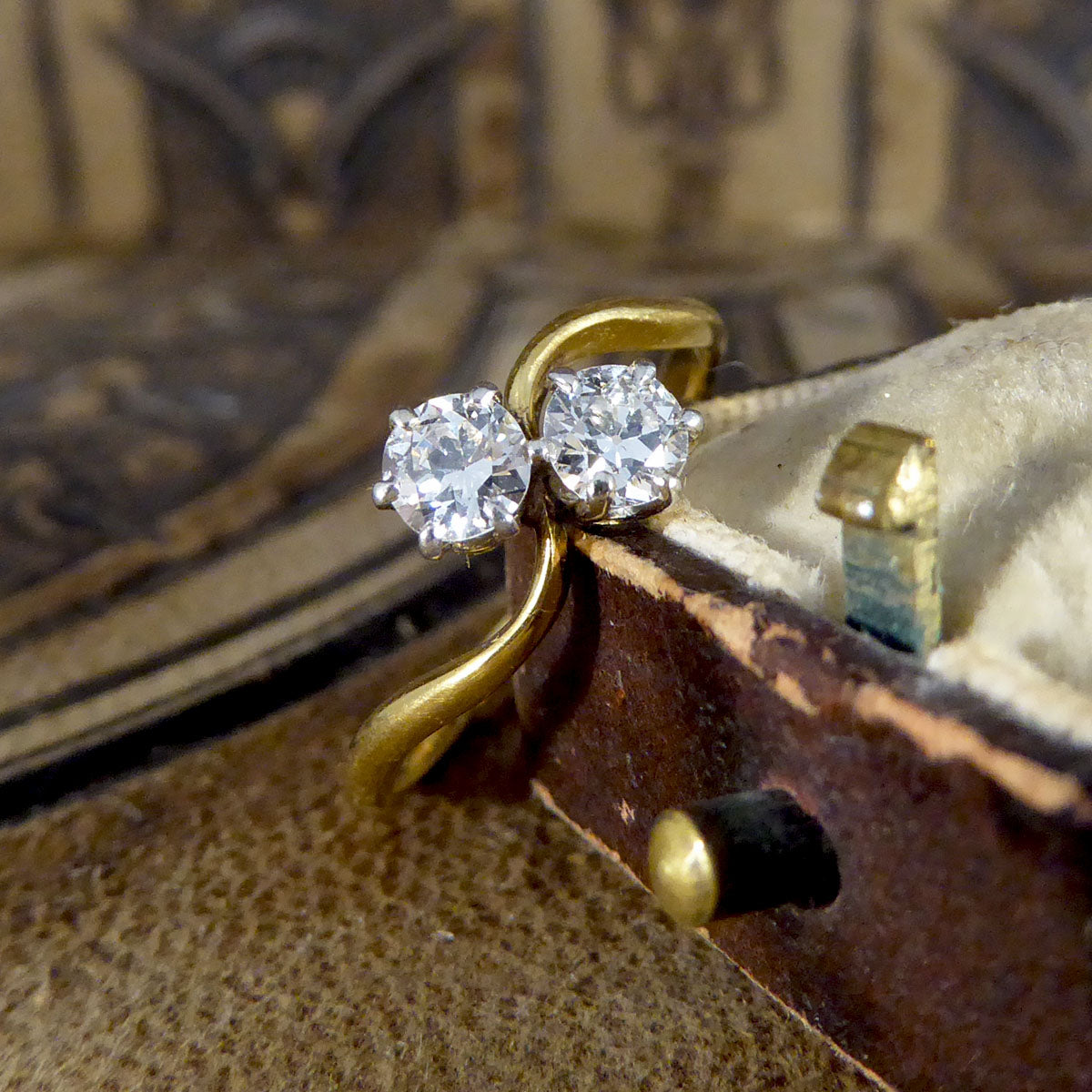 Antique Edwardian Two Stone 0.40ct Diamond Twist Ring in 18ct Yellow Gold - Wharfedale Antiques