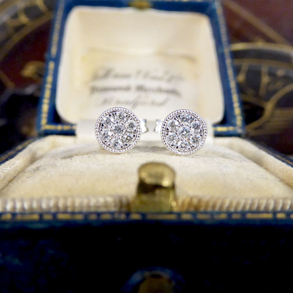 Diamond Cluster Stud Earrings in 9ct White Gold Milgrain Circular Setting - Wharfedale Antiques