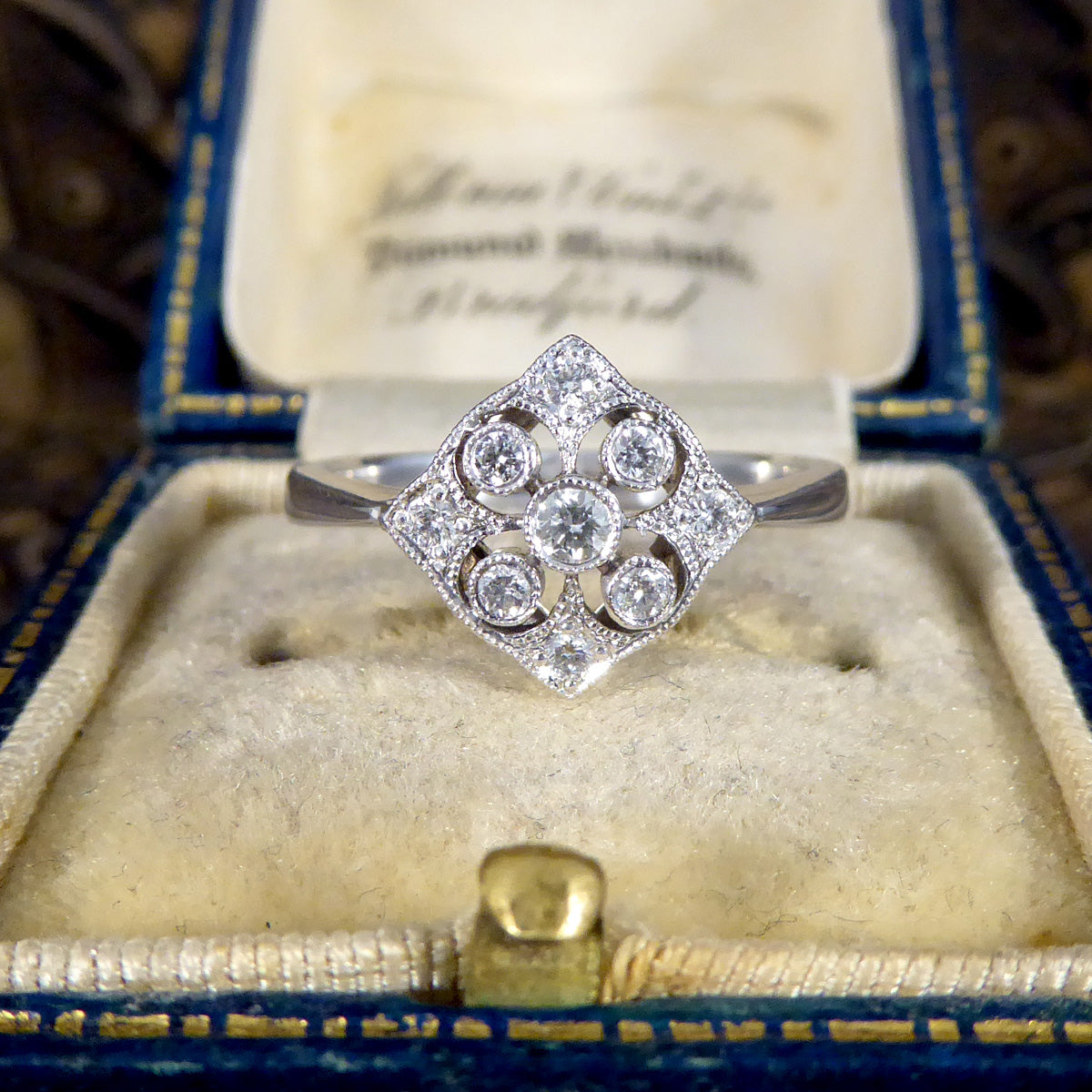 1920's Period Replica Geometric Pattern Diamond Ring in 18ct White Gold - Wharfedale Antiques