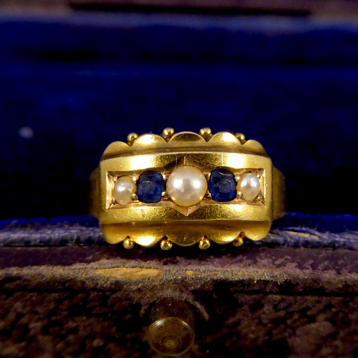 Antique Late Victorian Sapphire and Pearl Five Stone Ring in 15ct Yellow Gold - Wharfedale Antiques