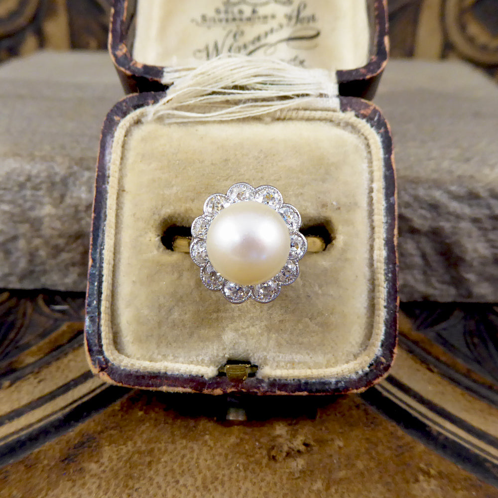 1930's Cultured Pearl and Diamond Cluster Ring in 18ct Gold - Wharfedale Antiques