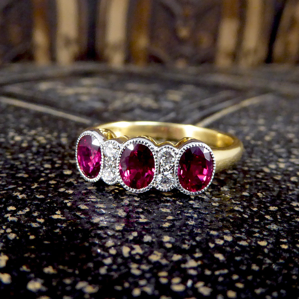 Quality Burma Ruby Three Stone Ring with Diamond Spacers in 18ct Yellow and White Gold - Wharfedale Antiques