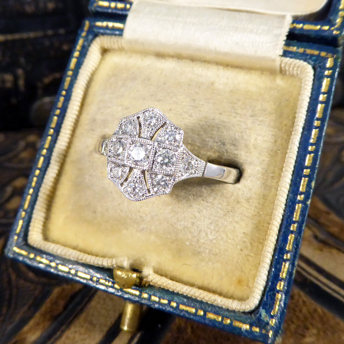 Quality Art Deco Replica Diamond Plaque Ring in 18ct White Gold - Wharfedale Antiques