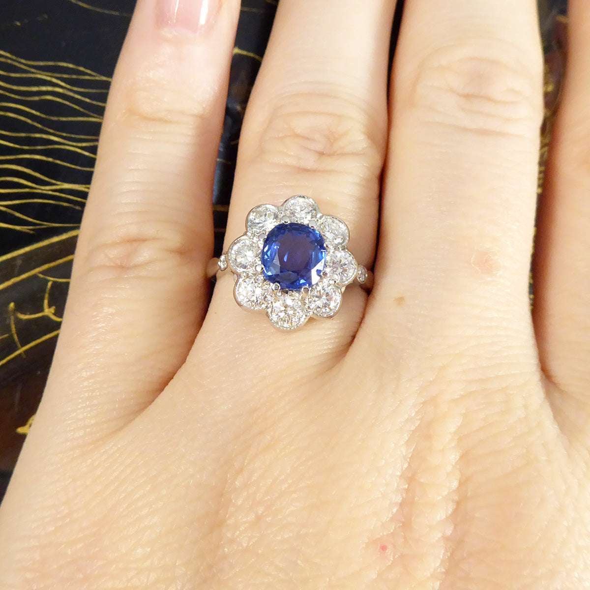 Contemporary Edwardian Style 1.50ct Sapphire and 1.10ct Diamond Cluster Ring in Platinum - Wharfedale Antiques