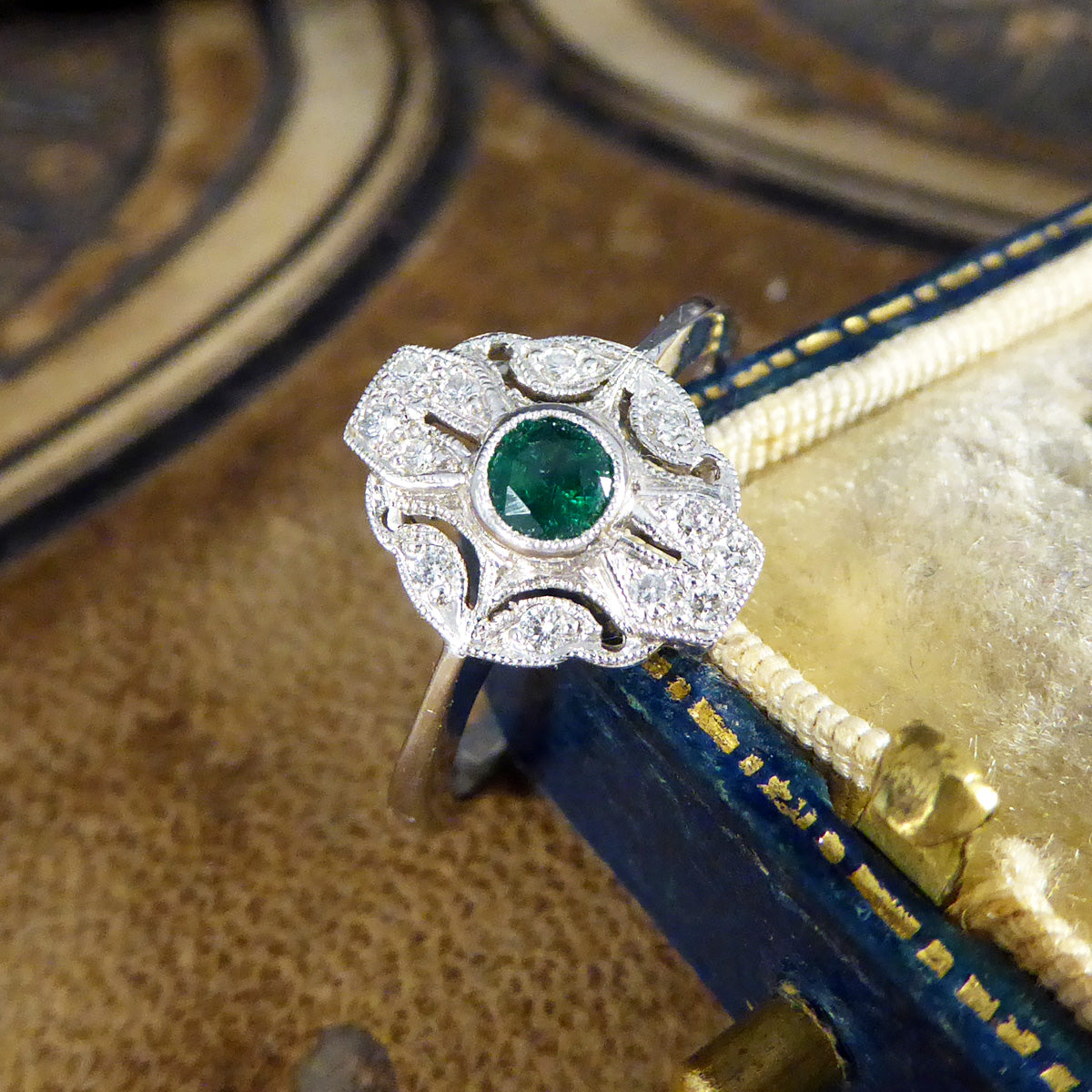 Premium Period Art Deco Replica Emerald and Diamond Plaque Ring in 18ct White Gold - Wharfedale Antiques