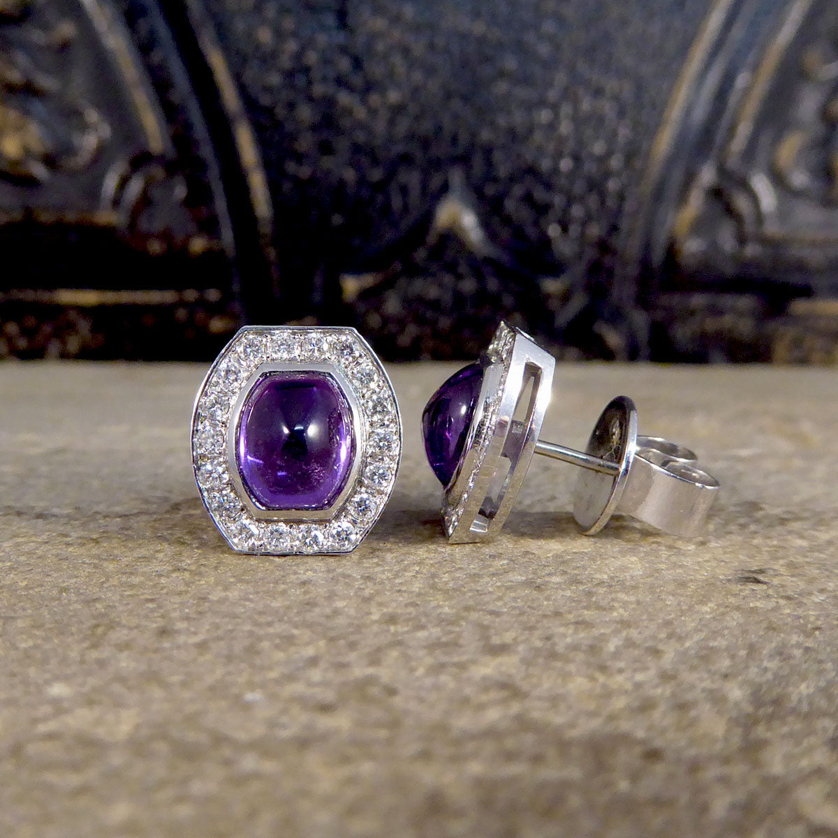 3.40ct Cabochon Cut Purple Sapphire and Diamond Halo Cluster Stud Earrings - Wharfedale Antiques