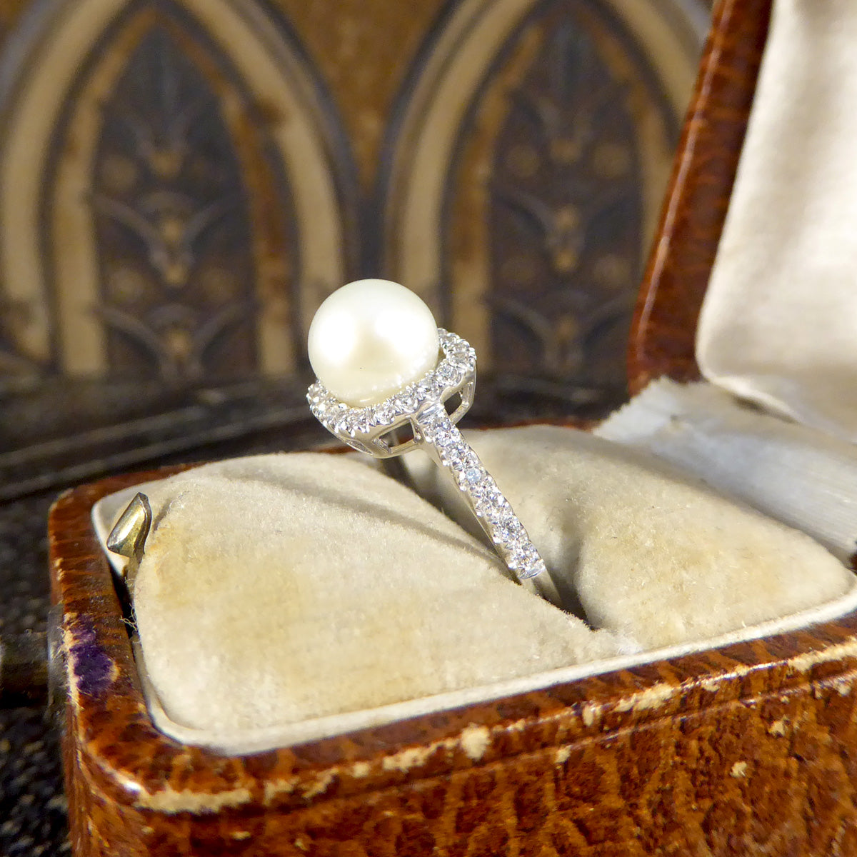 Fresh Water Culture Pearl and Diamond Square Halo Ring in White Gold - Wharfedale Antiques