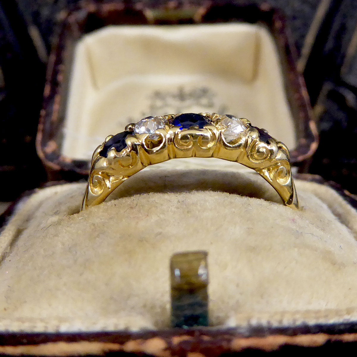 Antique Late Victorian Sapphire and Diamond Five Stone Ring in 18ct Yellow Gold - Wharfedale Antiques