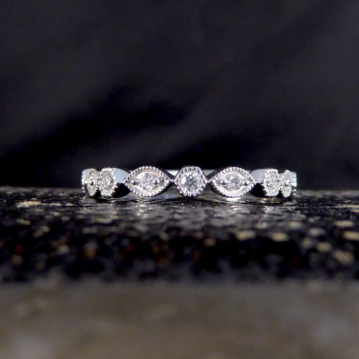 Alternating Shape Diamond Rub Over Collar Set White Gold Half Eternity Ring - Wharfedale Antiques