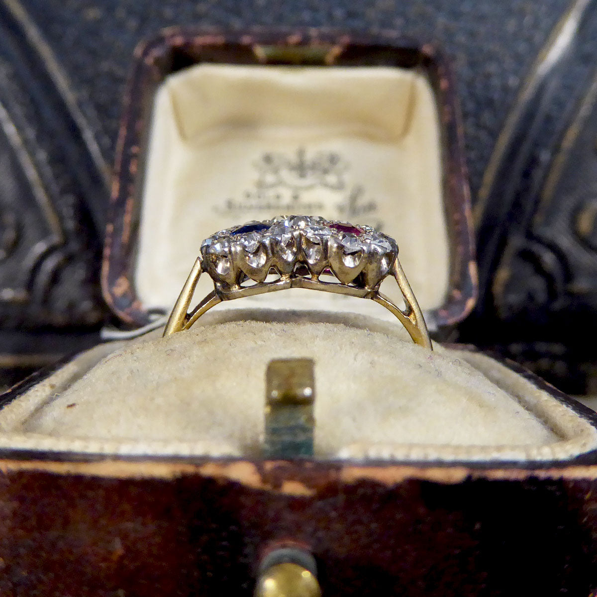 Edwardian Double Sapphire and Ruby Diamond Daisy Cluster Ring in 18ct Yellow Gold - Wharfedale Antiques