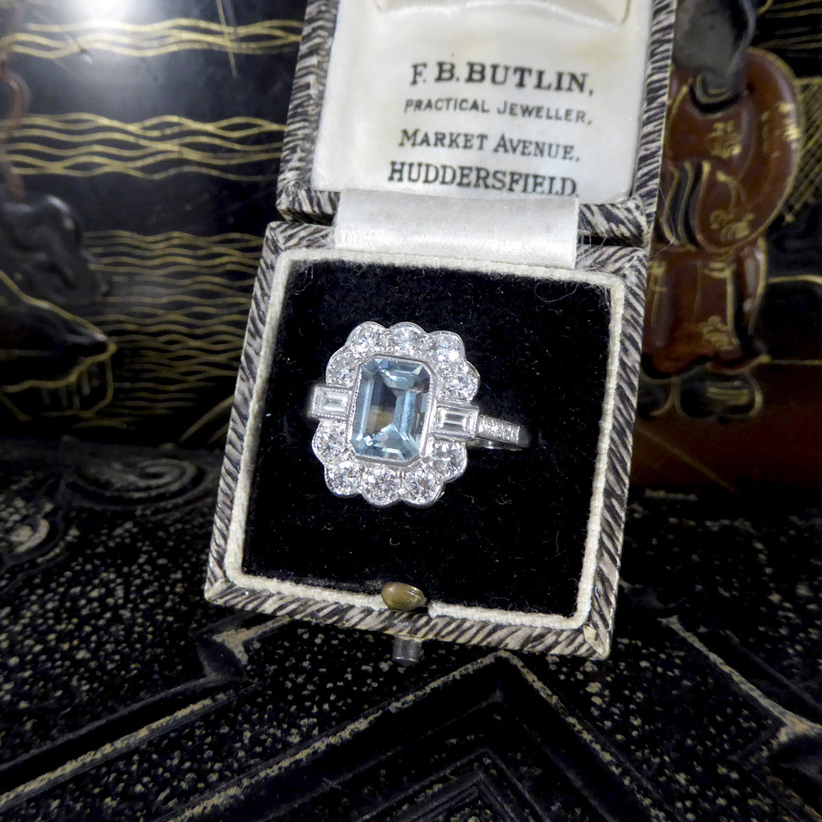 Contemporary Edwardian Style 1.30ct Aquamarine and Diamond Ring in Platinum - Wharfedale Antiques
