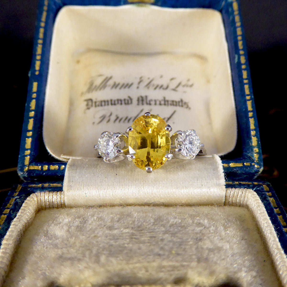 Contemporary 1.84ct Yellow Sapphire and Diamond Three Stone Ring in Platinum - Wharfedale Antiques