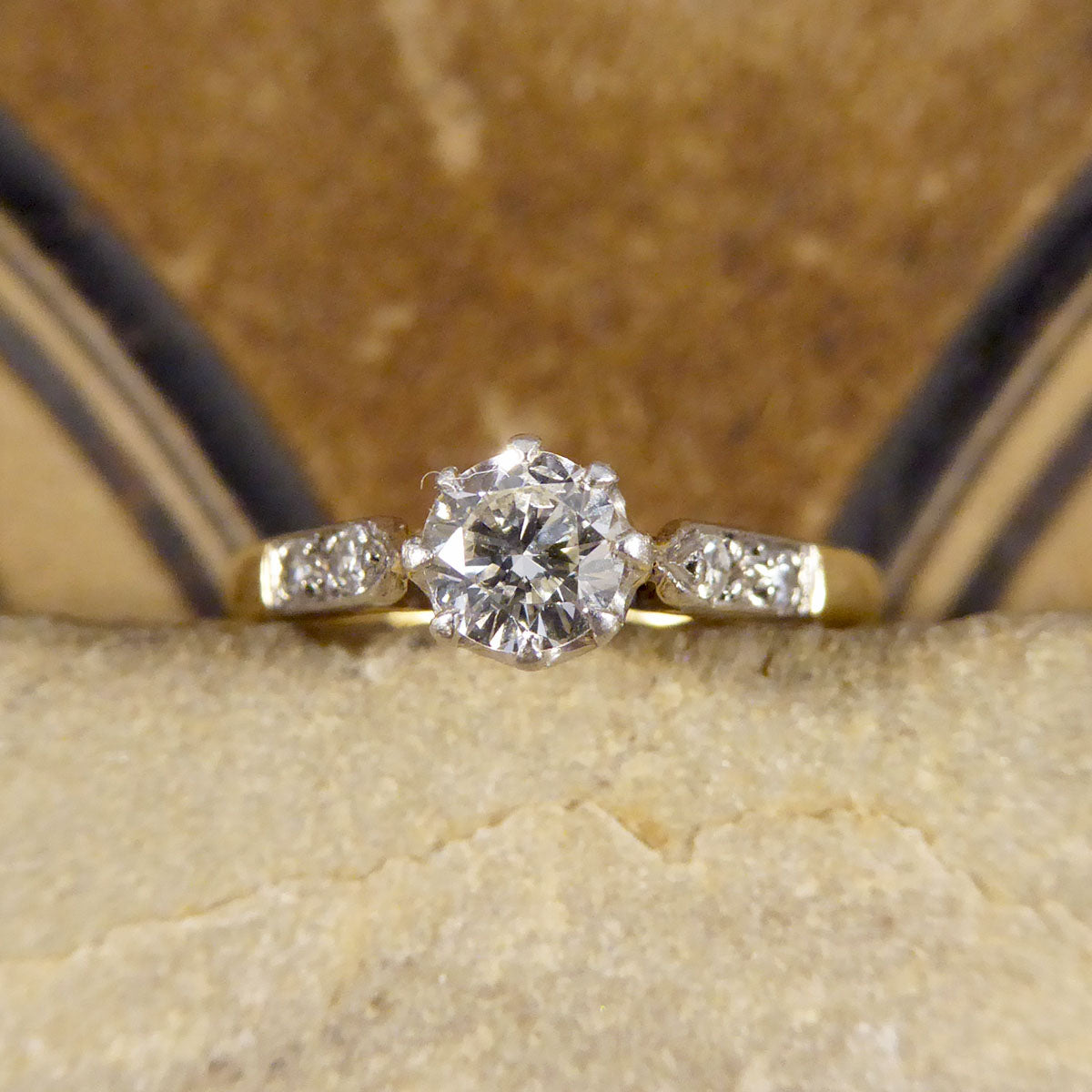 1920's Diamond Solitaire Ring with Diamond set Shoulders in 18ct Yellow Gold and Platinum - Wharfedale Antiques