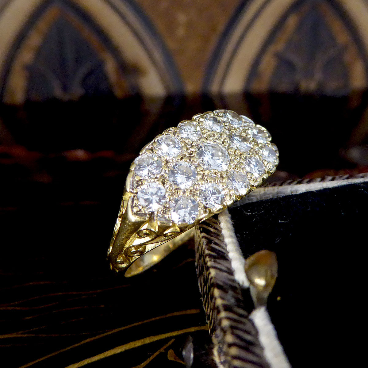 1.40ct Diamond Three Row Cluster Ring with Detailed Gallery in 18ct Yellow Gold - Wharfedale Antiques