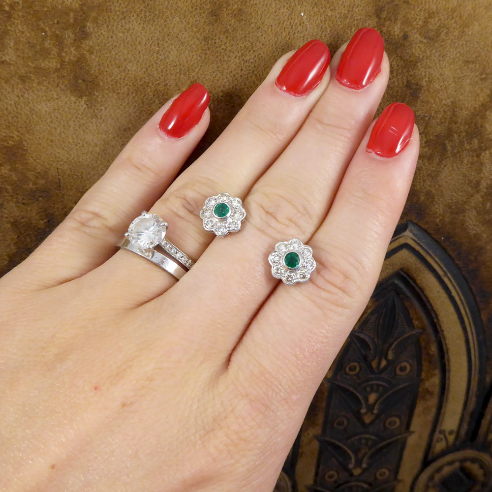 Contemporary Emerald and Diamond Cluster Earrings in 18ct White Gold - Wharfedale Antiques