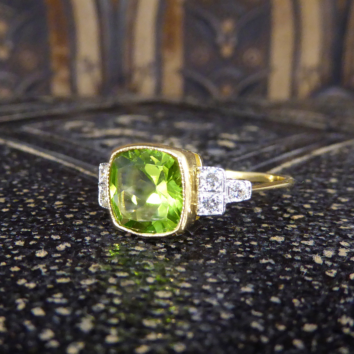Edwardian Style Collar Set 2.12ct Peridot and Diamond Ring in 18ct White and Yellow Gold - Wharfedale Antiques