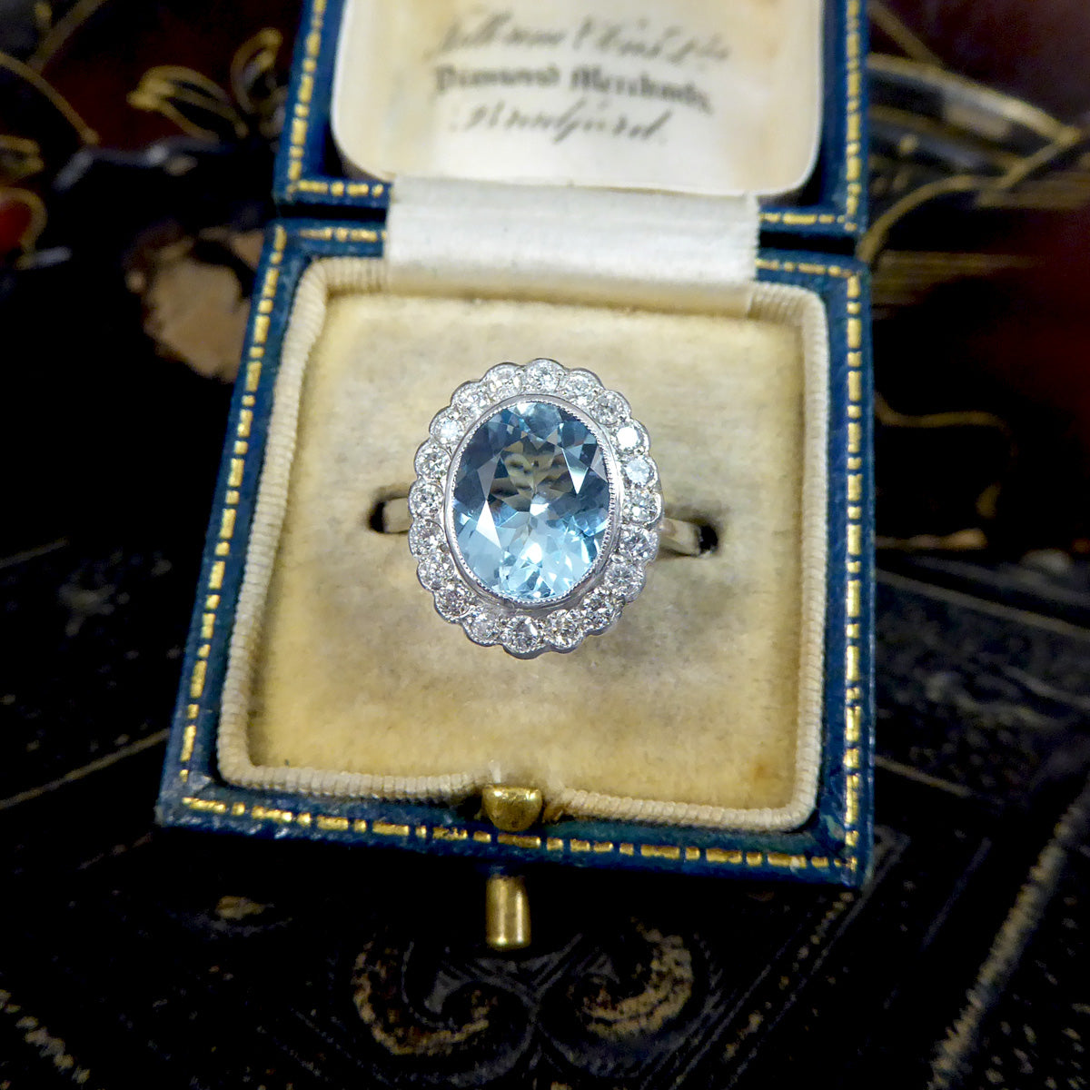 Edwardian Inspired 2.25ct Aquamarine and Diamond Cluster Ring in Platinum - Wharfedale Antiques