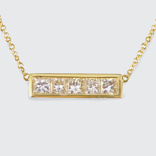 Princess Cut Diamond Bar Necklace in 18ct Yellow Gold - Wharfedale Antiques