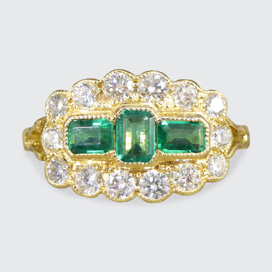 Antique Style Emerald and Diamond Boat Ring in 18ct Yellow Gold - Wharfedale Antiques
