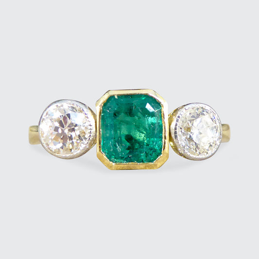 Emerald and Diamond Bezel Set Three Stone Ring in 18ct Yellow Gold and Platinum - Wharfedale Antiques
