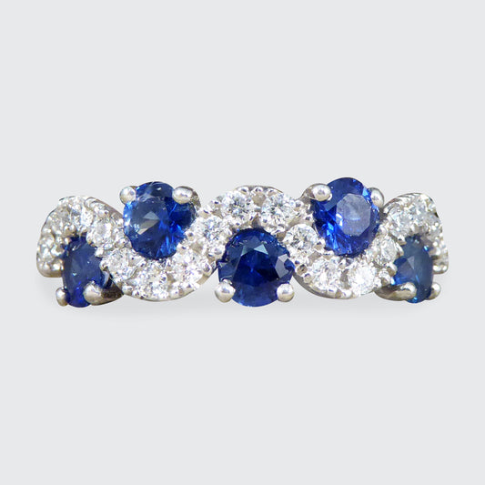Ceylon Sapphire and Diamond Lazy River Ring in Platinum - Wharfedale Antiques