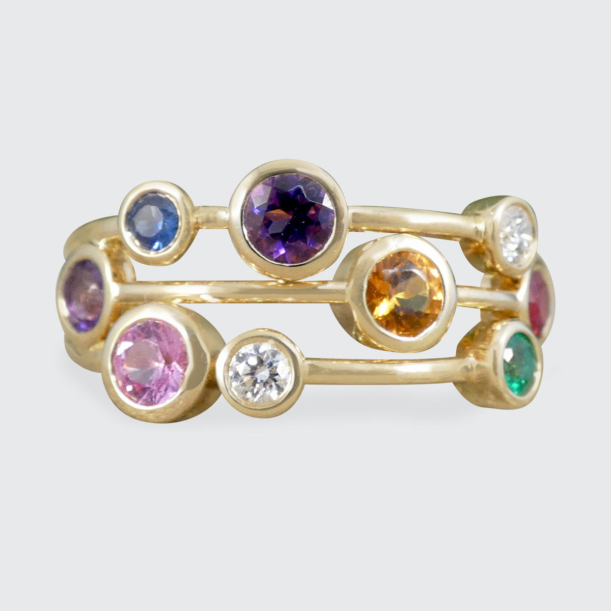 Multi Gem set bubble ring in yellow gold