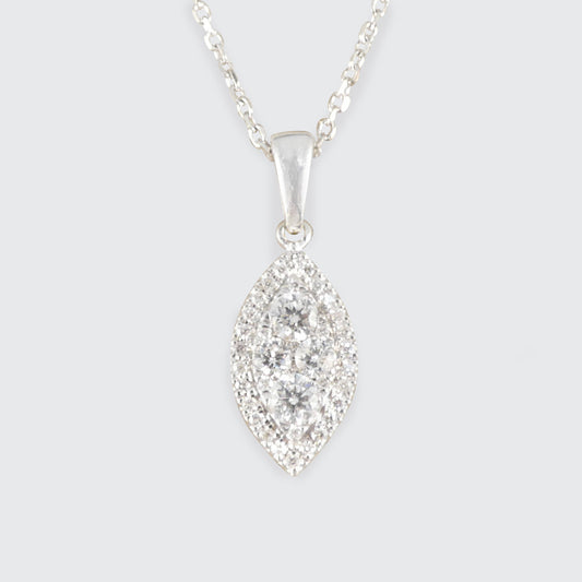 Silver necklace with a marquise-shaped diamond pendant on a light gray background