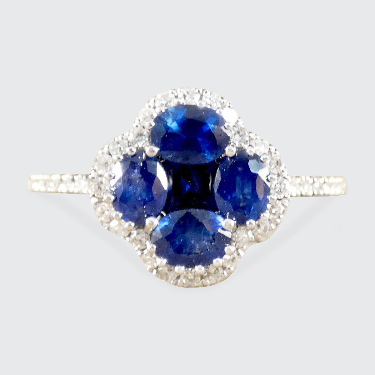 Sapphire and Diamond Shamrock Ring in 18ct White Gold