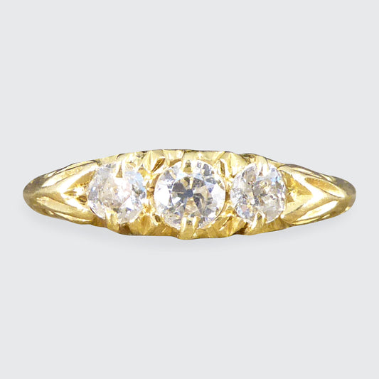 Edwardian Three Stone Diamond Ring with Swirl Gallery in 18ct Yellow Gold