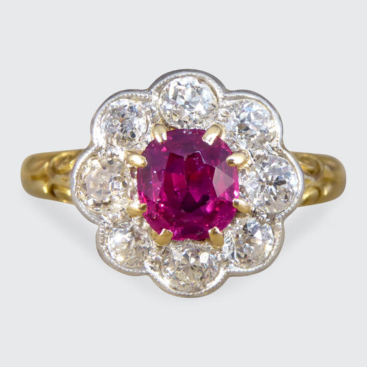 Late Victorian No Heat Burma Ruby and Diamond Cluster Ring in 18ct Yellow Gold