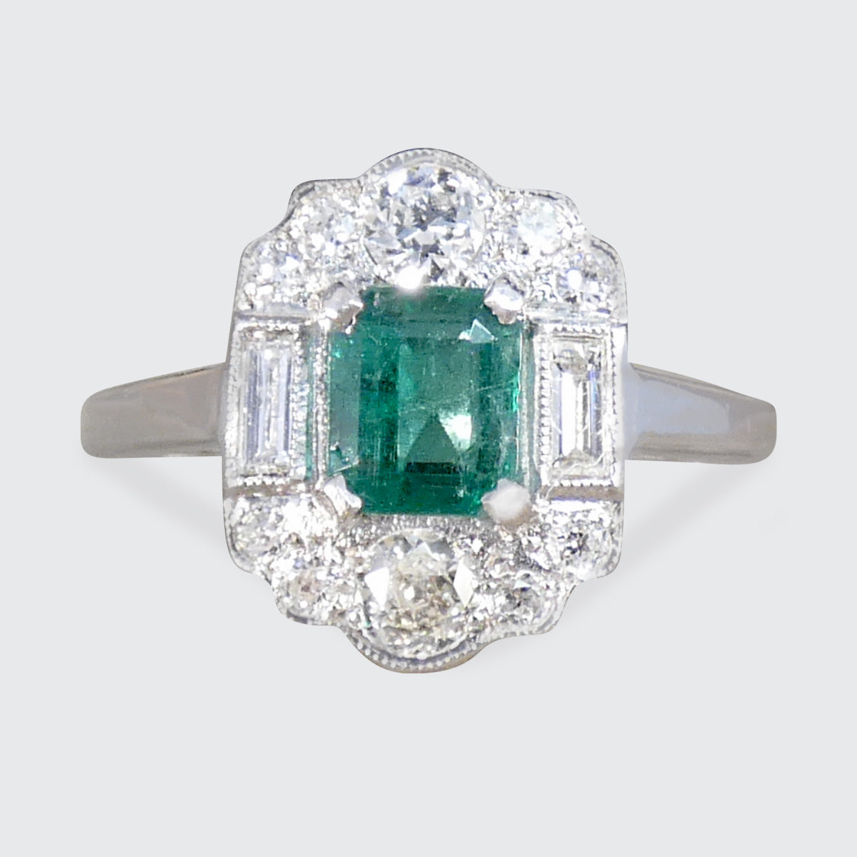 Art Deco Style Emerald and Diamond Cluster ring