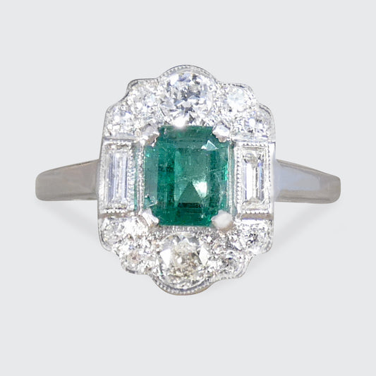 Art Deco Style Emerald and Diamond Cluster ring