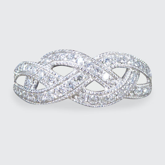 Diamond Set Milgrain Plait Half Eternity Ring in White Gold - Wharfedale Antiques