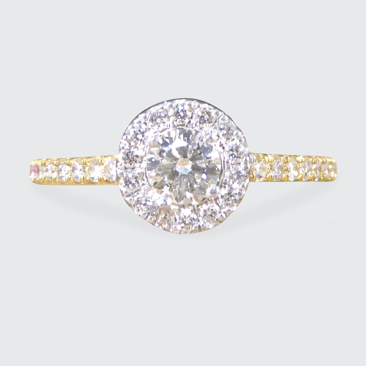 Diamond Cluster Halo Engagement Wedfit Ring with Diamond Shoulders in 18ct Yellow and White Gold - Wharfedale Antiques