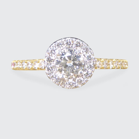 Diamond Cluster Halo Engagement Wedfit Ring with Diamond Shoulders in 18ct Yellow and White Gold - Wharfedale Antiques