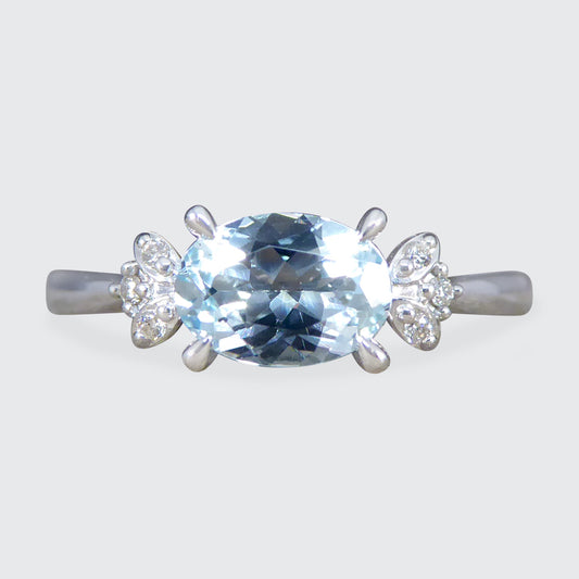 Dainty Aquamarine Ring with Diamond Set Shoulders in White Gold - Wharfedale Antiques