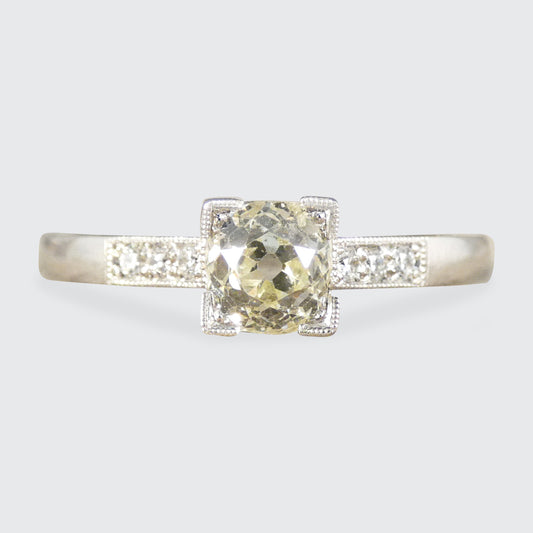 Champagne Old Cushion Cut Diamond Solitaire with Diamond set Shoulders in Platinum - Wharfedale Antiques