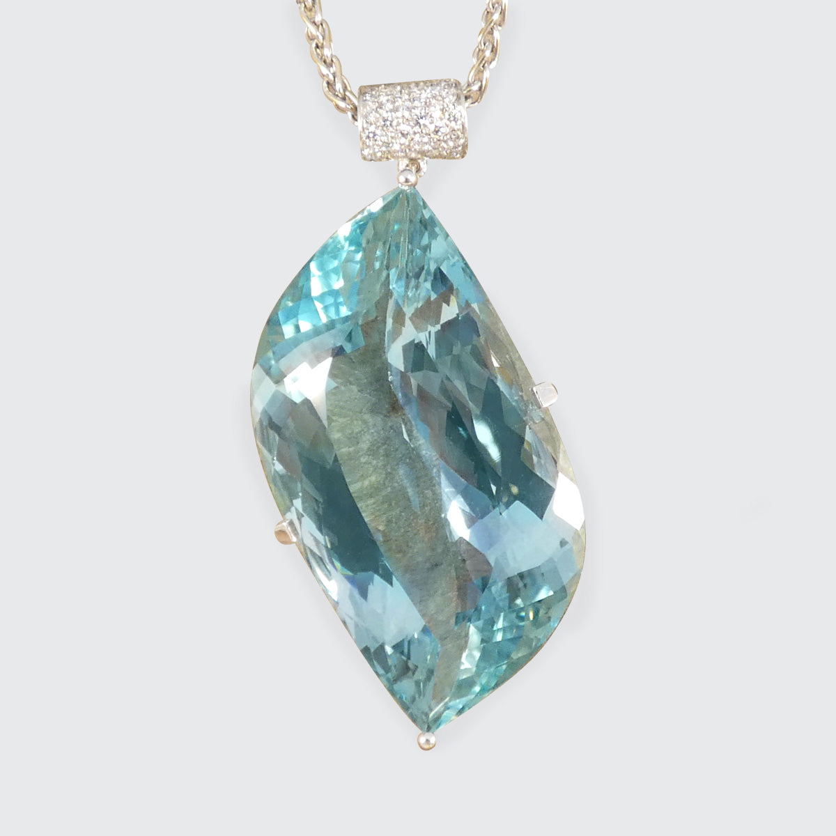 Tremendous Over 70ct Aquamarine Leaf Pendant with Diamond Bail in 18ct White Gold - Wharfedale Antiques