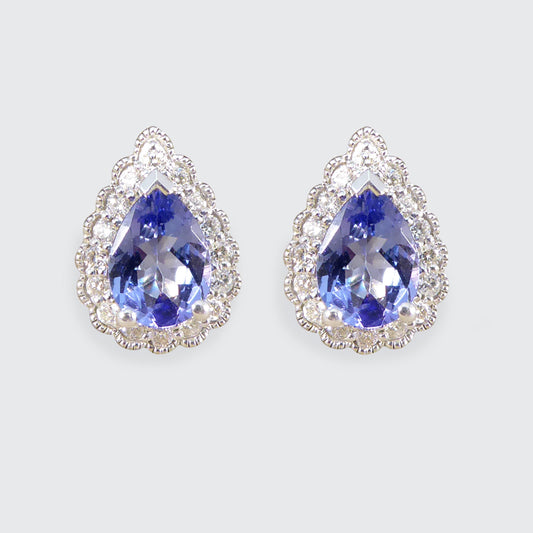 Pear Cut Tanzanite and Diamond Cluster Earrings in White Gold