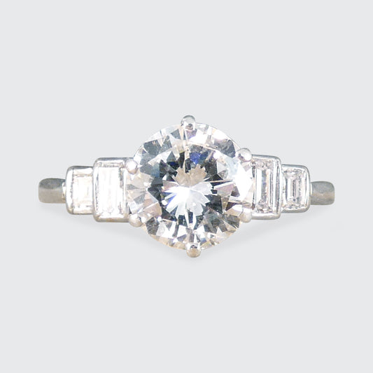 Art Deco 1.20ct Early Brilliant Cut Diamond Solitaire with Baguette Cut Shoulders in Platinum - Wharfedale Antiques