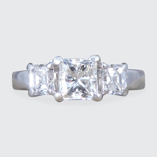 1.47ct Princess Cut and Asscher Cut Diamond Three Stone Ring in Platinum - Wharfedale Antiques