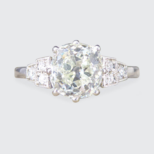 1.70ct Old European Cushion Cut Diamond Solitaire with Diamond Shoulders in Platinum
